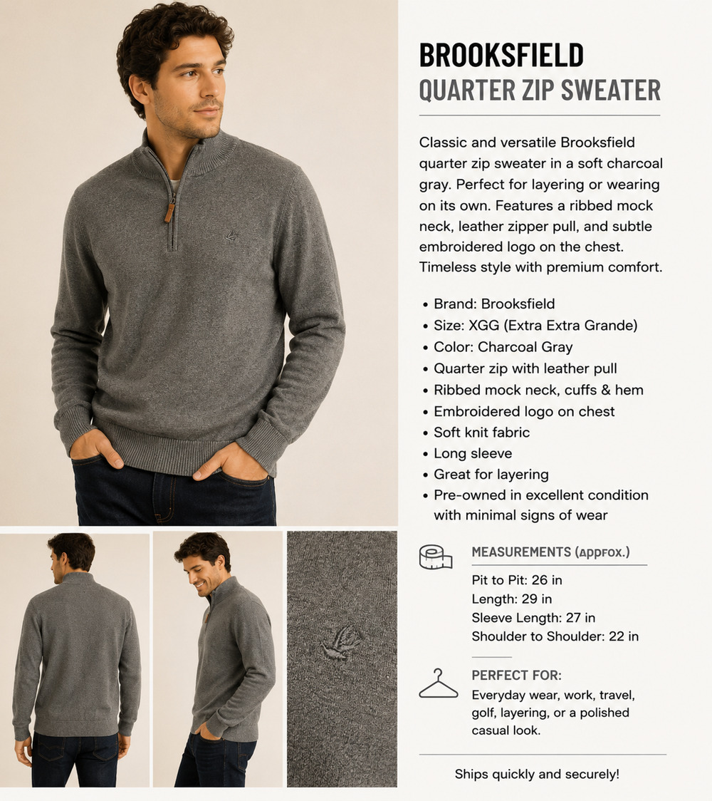 Brooksfield Men's Gray Quarter Zip Sweater Pullover Mock Neck Knit Size XGG / 2X